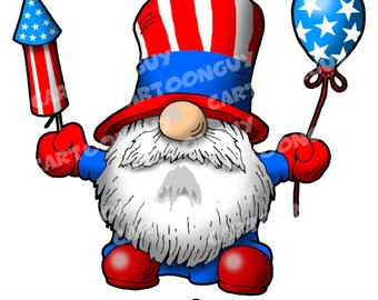 Peut inclure: Un gnome de dessin animé portant un haut-de-forme rouge, blanc et bleu à rayures verticales. Le gnome a une longue barbe blanche, des gants rouges et des chaussures rouges. Il tient une fusée d'artifice et un ballon bleu à étoiles blanches.