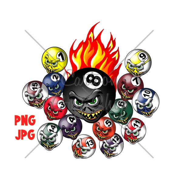 Billiards Clipart - 8 Ball Game - PNG - JPG - Cartoon - Image - Digital Download.