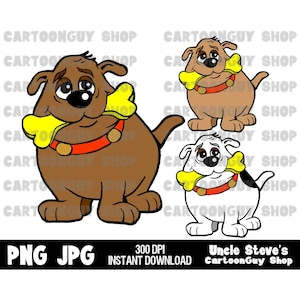 Dog Clip Art - Happy Dog With a Bone - 3 Color Versions - PNG - JPG - Sublimation - Cartoon - Digital Download.