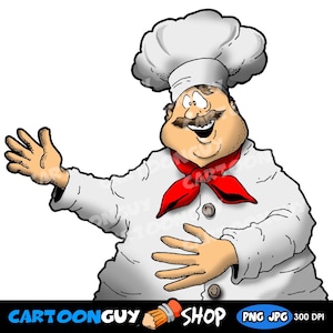 Puede incluir: Una ilustración de dibujos animados de un chef con una chaqueta blanca de doble botonadura, un gorro de cocinero blanco alto y un pañuelo rojo brillante. El chef tiene un bigote marrón, una amplia sonrisa y gesticula. El texto CARTOONGUY SHOP aparece abajo.