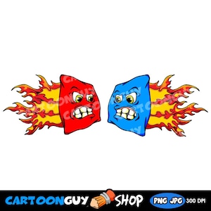 May include: A cartoon illustration features two angry, square-shaped characters, one red and one blue, with flames trailing behind them. Each character has a fierce expression with visible teeth and yellow eyes. The image is set against a white background.