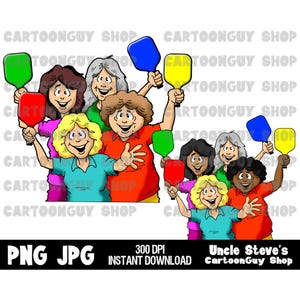 Pickleball Ladies Clip Art: Diverse Cartoon PNG JPG (Digital Download)
