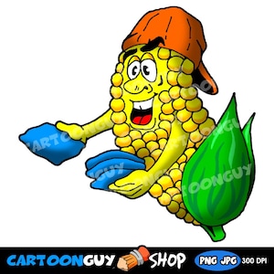 May include: A cartoon illustration of a corn cob character wearing an orange baseball cap and holding two blue bean bags. The corn has a smiling face and a green husk. The image includes the text "CARTOONGUY SHOP".