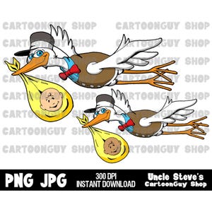 Storch Clip Art - Ein Storch auf dem Weg ein Überraschungsbaby zu liefern - 2 Ethnische Versionen - PNG - JPG - Sublimation - Cartoon - Digital Download.