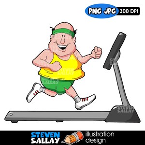 Puede incluir: Ilustraci&oacute;n de dibujos animados de una persona corriendo en una cinta de correr. La persona lleva una camiseta sin mangas amarilla, pantalones cortos verdes y una diadema verde. La cinta de correr es gris y negra. La imagen incluye el texto "PNG JPG 300 DPI".