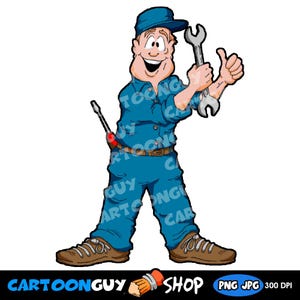 May include: A cartoon illustration of a smiling mechanic wearing a blue uniform, a matching cap, and brown shoes. The mechanic holds a silver wrench in one hand and gives a thumbs up with the other, with a screwdriver tucked into a belt pocket.