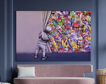 CANVAS ART PRINT Behind The Curtain Canvas Art Pop Art Print Banksy Canvas Print Banksy Wall Art Urban Graffiti Wall Art Trendy Graffiti Art