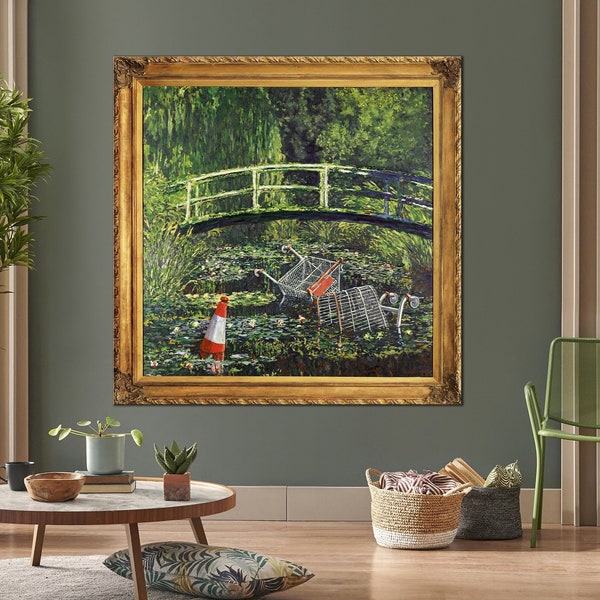 CANVAS ART PRINT Show Me The Monet by Banksy Print on Canvas Banksy Monet Parody Art Waterlily Pond Art Print Square Living Room Canvas Art