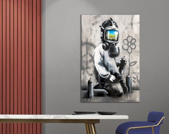 CANVAS ART PRINT Street Art Gas Mask Boy Print Banksy Wall Art Graffiti Canvas Print Modern Wall Art Living Room Wall Decor Contemporary Art