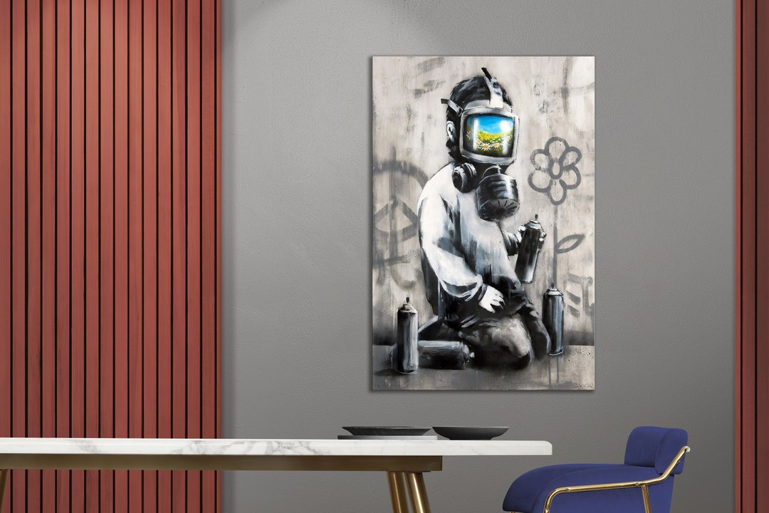 CANVAS ART PRINT Street Art Gas Mask Boy Print Banksy Wall Art Graffiti Canvas Print Modern Wall