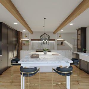 Può includere: Una cucina moderna con mobili grigio scuro, un'ampia isola in marmo e dettagli dorati. La cucina è dotata di una macchina per il caffè, un lavello a vasca e sgabelli da bar neri. Travi in legno attraversano il soffitto e il pavimento è in legno chiaro.