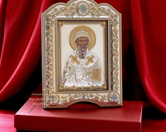 The Saint Spyridon Bishop of Trimythous. Silver 999 Plated Orthodox Icon Handmade. Gift case. 21x28/Gold and silver version/Frame with glass