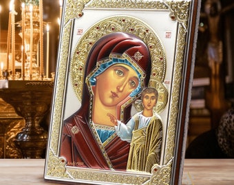 Saint of Kazan / Our Lady of Kazan / Christian Orthodox Icon / Wood and Silver Plated 999 / Gift box / Handmade