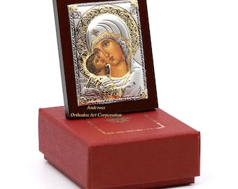 orthodoxe Ikone Mutter Gottes Wladimir, Versilbert 999 6,4cm X 5cm Handgemacht, Geschenk Fall