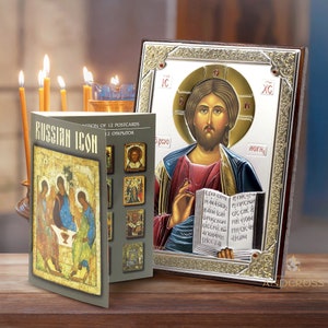 Jesus Christ Pantocrator / Handmade Orthodox Christian Icon Wood and Silver Plating 999 / Handmade /Gift box /12 rare postcards Russian icon