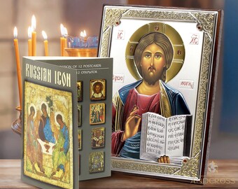 Jesus Christ Pantocrator / Handmade Orthodox Christian Icon Wood and Silver Plating 999 / Handmade /Gift box /12 rare postcards Russian icon