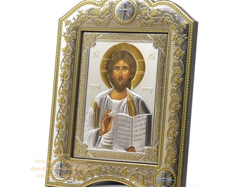 Christ Pantocrator Silver 999% icon The Great Miraculous Christian Orthodox icon 21cmx28cm  Gold and Silver Version/Frame with glass