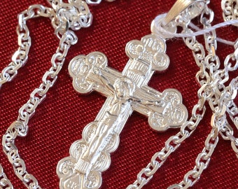 Christian Baptism Cross Necklace Anchor Chain Set. Russian Orthodox Jewelry. Save And Protect Prayer. Sterling Silver 925