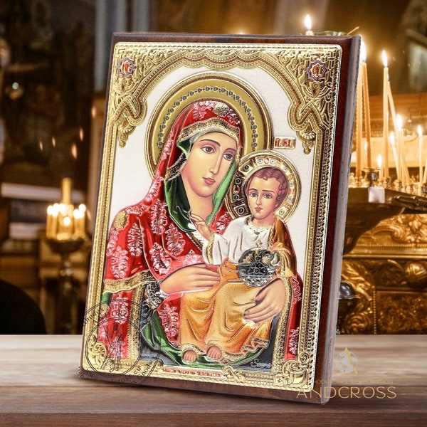 The Virgin Mary Jerusalem Icon, Orthodox Silver Icon of the Mother of God Jerusalem, Wooden Icon, Handmade, 999 silver, Virgin Mary icon
