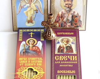 Gift Set Monastery Russian Orthodox Church Quality Wax Candles, Ceramic Holder, 2 icon cards