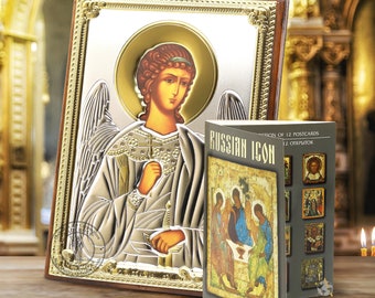 The Icon Of Saint Guardian Angel / Collection of 12 rare postcards Russian Icon / Christian Orthodox wooden Icon Silver Plated 999  Handmade