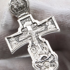 Mannen Russisch Grieks-Orthodox Lichaam Beschermend Gebed Coss Zilver 925. Heilige Apostelen Peter Paul Andrew. Heilige Drievuldigheid, Sinterklaas, Sint Fjodor.