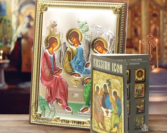 Handmade Silver Plated Holy Trinity Icon with Russian Icon Postcards