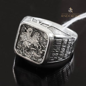 Orthodoxe Christelijke Mannen Ring Saint George Warrior & Dragon Zegel Russisch Grieks Gebed Sterling Zilver 925 Religieuze Authentieke Sieraden