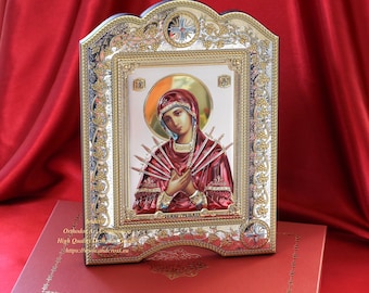 The Seven Swords Mother of God, The Great Miraculous Christian Orthodox Silver Plated 999 Icon, Coloured version, Handmade, Gift box