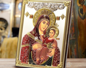 Icon of Virgin Mary of Bethlehem / Christian icon / Handmade / Orthodox home decor 999 Silver / coloured Gift case