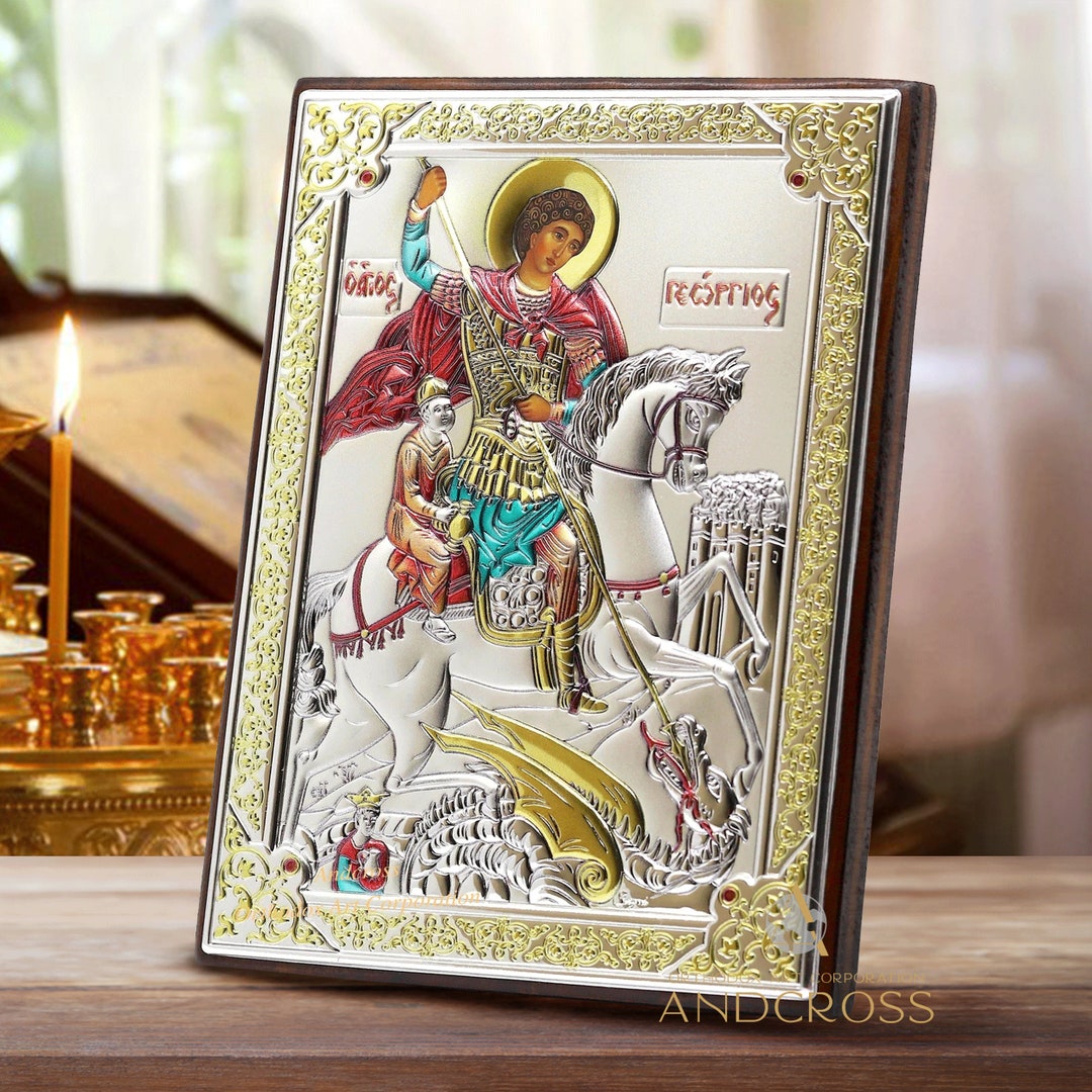 St George Warrior, Wooden Orthodox Icon, Silver Plated 999, St George ...
