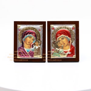 Orthodox Icons Mother of God Kazan, Mother of God Vladimir. Set of 2 icons. Silver Plated .999 (6.4cm X 5cm). Handmade. Gift box.