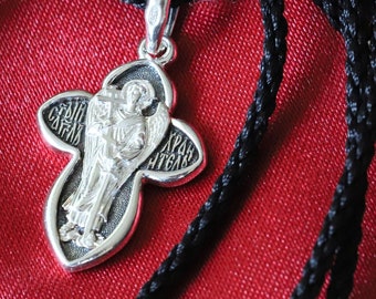 Guardian Angel Greek Christian Religious Body Cross + Black Silk Cotton Neck Cord Baptism Set. Orthodox Jewelry. Silver 925