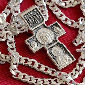 Herenhandgemaakt Russisch Grieks-orthodox-christelijk doopkruis + ketting set zilver 925 nieuw. Patroonheilige aartsengel Michaël