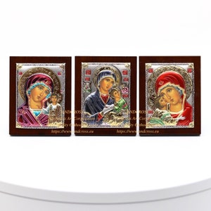 Orthodox Icons Mother of God Amolyntos, Mother of God Kazan, Mother of God Vladimir. Set of 3 icons. Silver Plated.999 (6.4cm X 5cm)