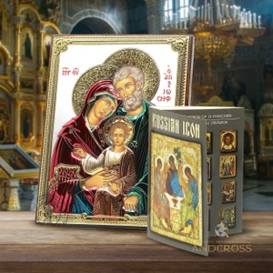 The Holy Family Christian Icon / Handmade Silver 999 Plated Icon / Gift box / Handmade / 12 rare postcards Russian icon five languages