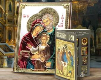 The Holy Family Christian Icon / Handmade Silver 999 Plated Icon / Gift box / Handmade / 12 rare postcards Russian icon five languages