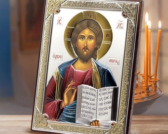 Jesus Christ Pantocrator / Handmade Orthodox Christian Icon Wood and Silver Plating 999 / Handmade / Gift box