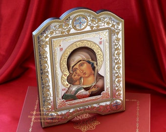 Orthodox Icon The Vladimir Mother of God. The Christian icon. Gold and silver Plated .999. version/Coloured version. Handmade. Gift box.