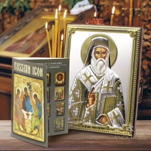 Icône en bois orthodoxe Saint Nectaire plaquée argent 999 fait main / Coffret cadeau / 12 cartes postales rares Icône russe en cinq langues