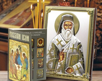Saint Nektarios Orthodox Wooden Icon Silver Plated 999  Handmade / Gift case / 12 rare postcards Russian icon five languages