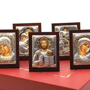 Gift Set of 5 icons.Lord Jesus Christ. Mother of God Kazan. Mother of God Vladimir. Holy Family. St George. icons(6.4cm X 5cm) Silver Plated