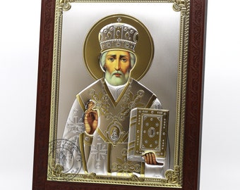 Large Wooden Russian Orthodox Icon St Nicholas Wonderworker, Silver Plated 999 handmade ( 11.7" X 9.2" ) 30cm X 23.5cm