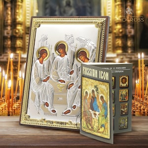 Icoon van de Heilige Drie-eenheid / Handgemaakt christelijk houten orthodox icoon verzilverd 999 zilver / Geschenkdoos / Zeldzame postkaarten set 12 Russische iconen