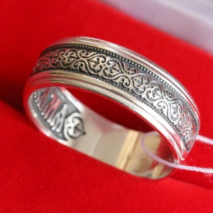 Byzantine Flower Ornament Silver 925 Solid Russian Orthodox Christian Ring. Mother of God Prayer in Old Slavonic
