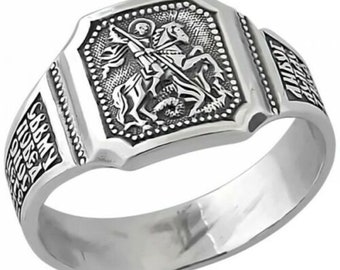 Saint George Warrior & Dragon Russian Orthodox Prayer Ring Sterling Silver 925 Authentic Christian Jewelry. Blessed