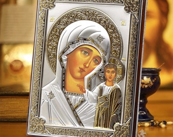 Our Lady of Kazan / Christian Orthodox Icon Wood and Silver 999 / Handmade / Gift box / Virgin Mary our Lady of Kazan