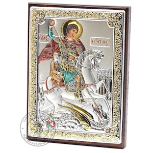 St. George Warrior. Wooden Orthodox Icon Silver Plated .999 ( 3.1&quot; X 4.3&quot; ) 8cm X 11cm. Handmade. Gift case