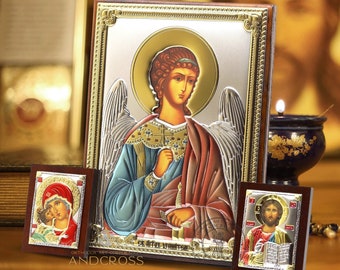 Saint Guardian Angel / 2 Small Icons Set / Christian Orthodox Icon Silver Plated 999  Handmade / Gift case