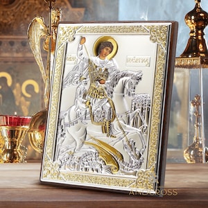 An authentic copy of a Byzantine sacred image, Orthodox icon of St, George the Victorious, patron of warriors and farmers